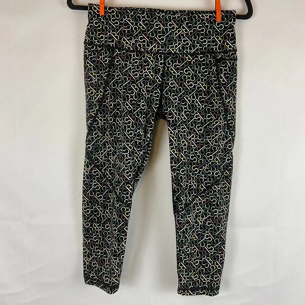 Sweaty Betty Power Crop Leggings 4/6 Black Yellow Green Pink Monogram Print Tech